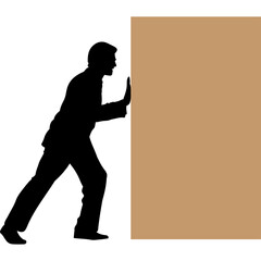 Silhouette of a Man in a Suit Pushing Against a Brown Rectangle on a Transparent Background