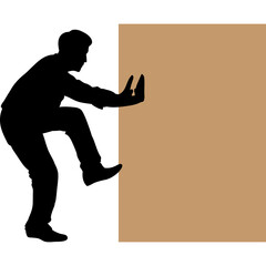Silhouette Of A Man Pushing A Large Cardboard Box With His Hands And Foot On A White And Brown Background With A Transparent Background