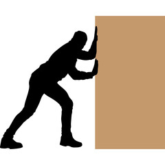Silhouette of a man pushing a large brown cardboard box against a white background demonstrating effort and physical exertion in a studio setting