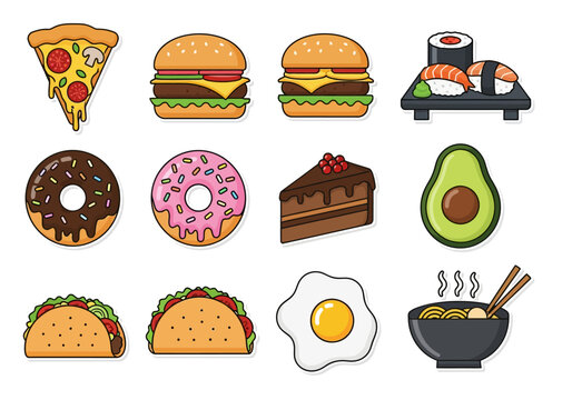 Delicious Cartoon Food Icons Pizza, Burger, Sushi, Tacos & Avocado - Powered by Adobe