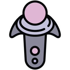 Stylized illustration of a virtual reality controller with a pink sphere on top and a gray body with pink buttons on a transparent background, featuring a retro-futuristic design and clean lines