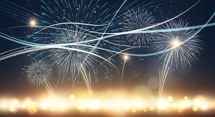 Colorful fireworks explode in the night sky with glowing lights.