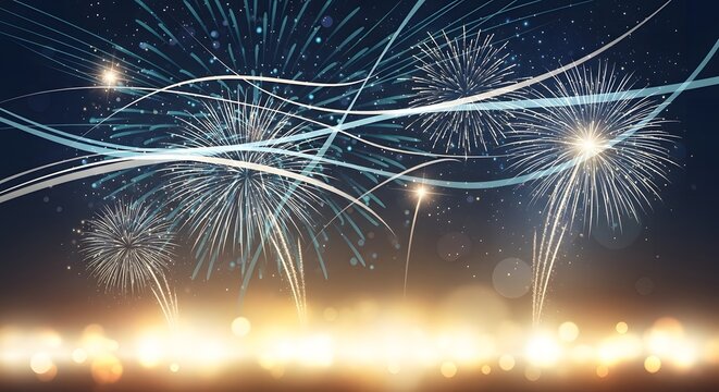 Colorful fireworks explode in the night sky with glowing lights.