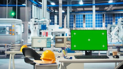 Isolated screen PC in empty solar panels manufacturing plant used to optimize layouts. Chroma key...