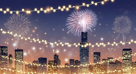 Fototapeta premium City skyline at night with fireworks and string lights celebration