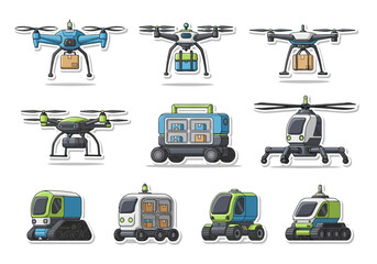 Futuristic Delivery Vehicles Icon Set Drones & Robots