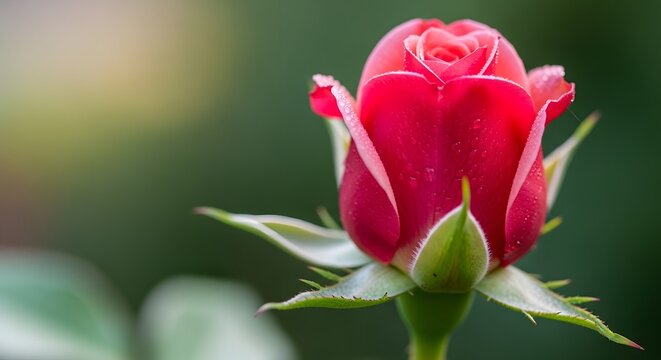 Vibrant red rose bud with delicate water droplets on petals