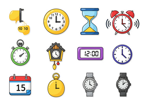 Time Management Icons Clocks, Timers, and Calendars Set for Planning
