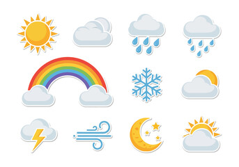 Obraz premium Weather Elements Sunny, Cloudy, Rainy, Rainbow, Wind, Moon & Snow Icons