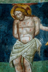 Fresco (13th century) of the Passion of Jesus: Christ in contempt.