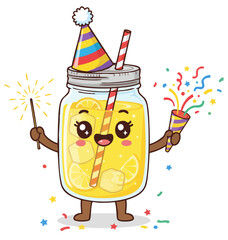 Cute cartoon lemonade mason jar celebrating. Kawaii mason jar character with sparkler and party popper. Festive cold drink in party hat, confetti. Summer party mascot


