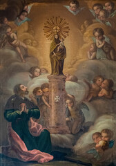 Painting (19th century) of Blessed Virgin Mary holding baby Jesus Christ in her arms.