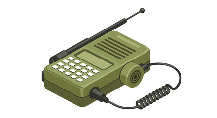Military radio transmitter in clean vector style, olive green colors, tactical communication