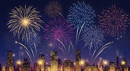 Colorful fireworks exploding over a silhouetted city skyline at night