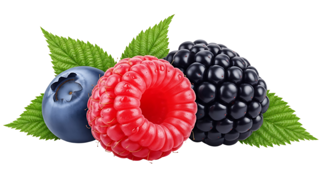 A fresh assortment of blueberry, raspberry, and blackberry with green leaf isolated on transparent background - Powered by Adobe