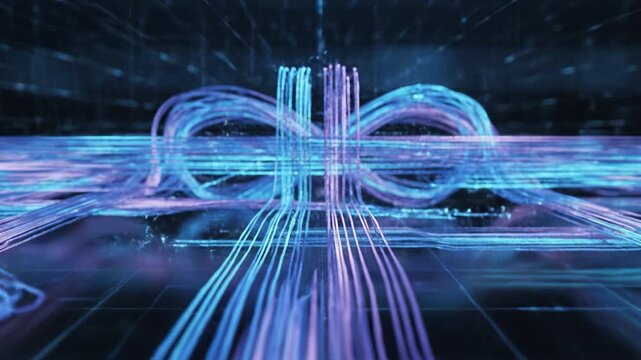 Abstract digital data flow with glowing blue and purple lines forming infinity symbol, futuristic technology network in dark space creating dynamic energy and continuous digital connection tunnel