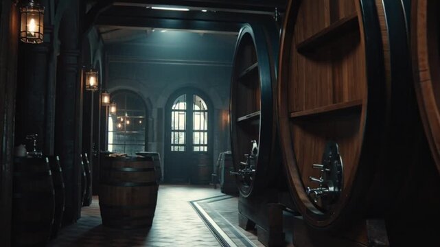 Cinematic Camera Walkthrough of a Timeless Winery Featuring Grand Wooden Barrels, Atmospheric Cellar Lighting, and the Rich Heritage of Artisanal Wine Craftsmanship and Tradition in slow cinematic