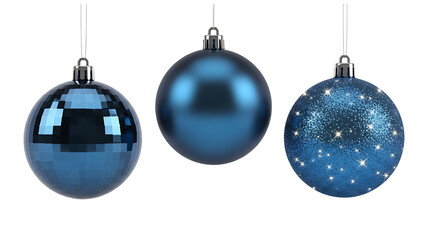 Three different blue christmas tree ornaments hanging isolated on transparent background