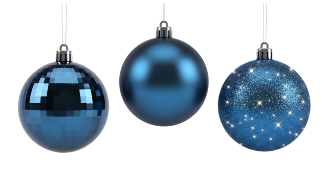Three different blue christmas tree ornaments hanging isolated on transparent background