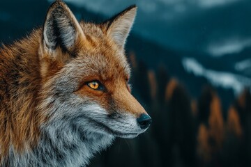 Obraz premium A close-up portrait of a red fox with striking amber eyes, set against a blurred forest backdrop.