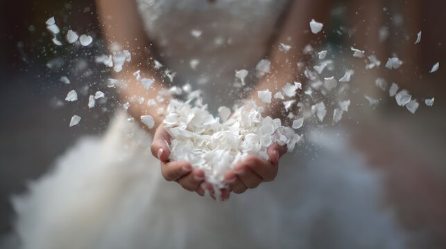 Bridal Hands Blowing Heart of White Petals During Magical Moment in Soft Light Setting