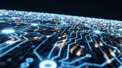 Digital circuit board glowing with blue and orange lights, futuristic technology concept featuring intricate electronic pathways, illuminated connections, and advanced digital network design creating - Powered by Adobe