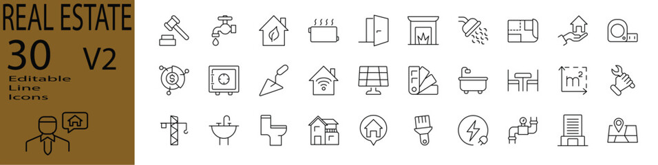 Real Estate Icon Set vol. 2. Editable strokes. Vector
