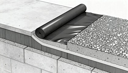 Medium shot of crosssection foundation with integrated waterproofing layers illustrating comprehensive defense against moisture damage.