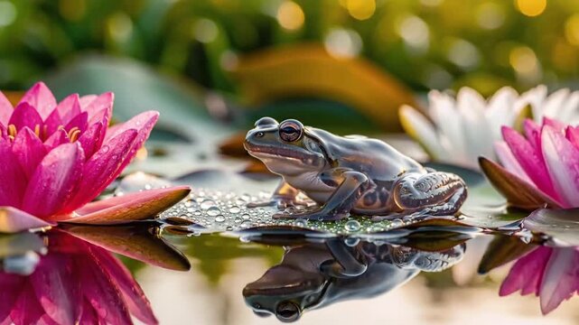 Frog on lily pad with water lilies