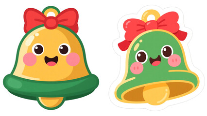 Fototapeta premium Shiny 3D cartoon Christmas bells with bright red bow, glossy vector illustration featuring vivid festive color and modern holiday style. Christmas bells illustration