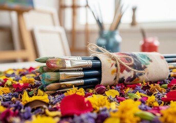 Vibrant paintbrushes in a colorful fabric roll, surrounded by bright flower petals, set in an artist's studio. Creative art concept.