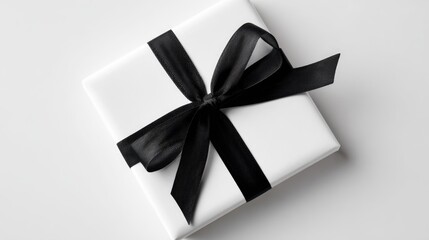 Elegant white gift box with black ribbon on minimalist background