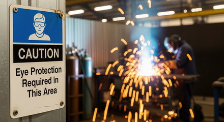Industrial safety sign for eye protection in a workshop, with a welder producing sparks. Highlights workplace safety and hazardous work.