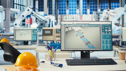 PC display used to adjust empty photovoltaics facility system parameters, increasing performance. Computer desk in solar cells manufacturing plant optimizing energy supply, dolly in shot
