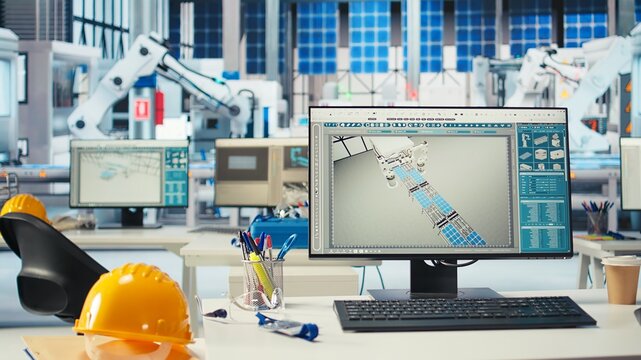 PC display used to adjust empty photovoltaics facility system parameters, increasing performance. Computer desk in solar cells manufacturing plant optimizing energy supply, dolly in shot