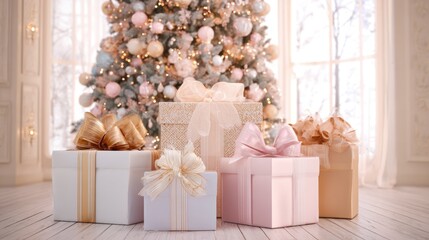 Elegant christmas gifts with bows in front of decorated tree indoors