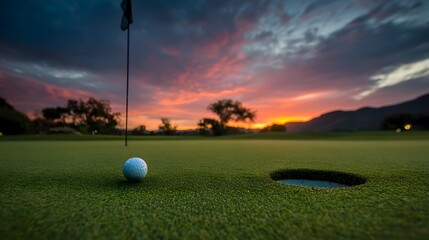 Sunset golf: Ball on the green, hole nearby, flag waving, and mountains in the background. Great setting for a relaxed game and outdoor.