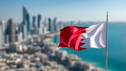 Bahraini flag waves proudly over a vibrant coastal city celebrating Independence Day