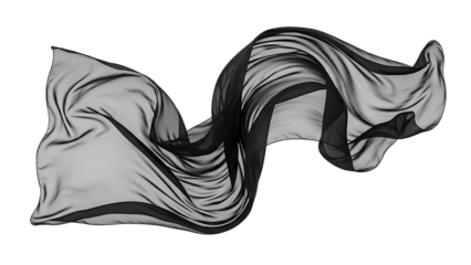 Flowing sheer black fabric or silk scarf waving elegantly isolated on transparent background