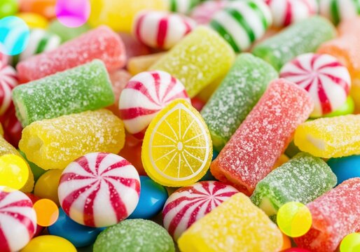 An irresistible mix of bright, colorful candies: sugar-coated gummies, classic peppermints, and a lemon candy, offering a delightful treat.