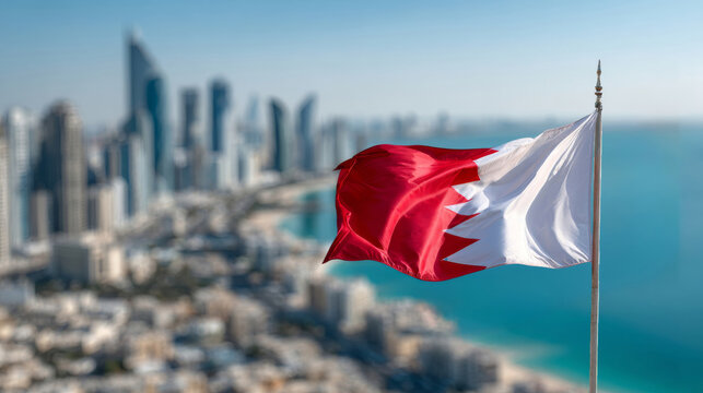 Bahraini flag waves proudly over a vibrant coastal city celebrating Independence Day