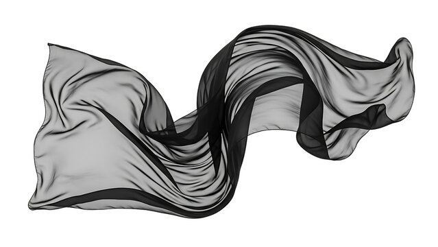 Flowing sheer black fabric or silk scarf waving elegantly isolated on transparent background
