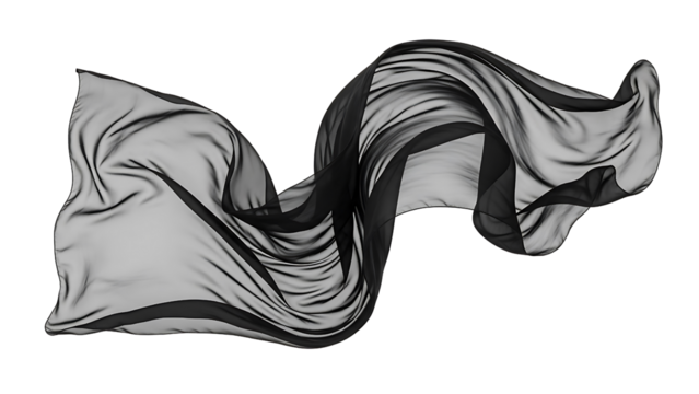 Flowing sheer black fabric or silk scarf waving elegantly isolated on transparent background