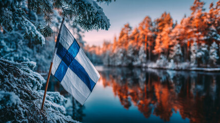 Finnish flag waving proudly over a frozen lake in a serene winter landscape