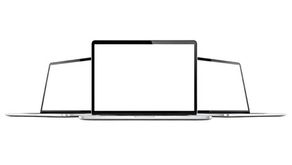 Three modern laptop computer screen mockup with blank display isolated on transparent background
