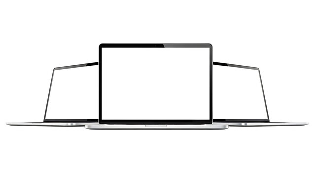 Three modern laptop computer screen mockup with blank display isolated on transparent background