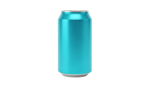 A single bright cyan blue aluminum beverage can isolated on a transparent background