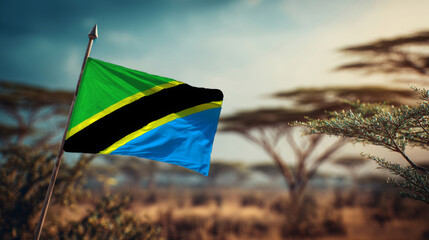 Tanzanian flag waving above the savannah with acacia trees on Independence Day