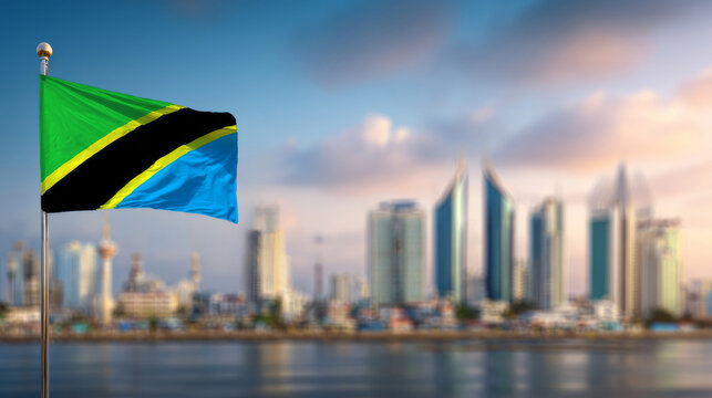 Tanzanian flag proudly waving in a vibrant tropical city during Independence Day celebrations