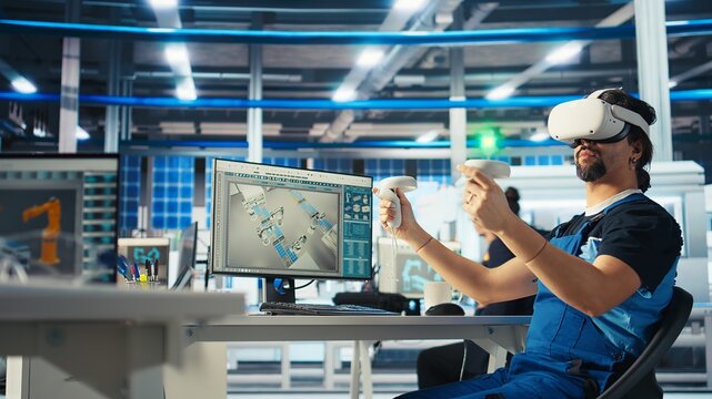 Photovoltaics factory engineer analyzing data using VR headset, reviewing system health. Solar panels plant employee troubleshooting issues using virtual reality tech, diagnosing faults, camera A